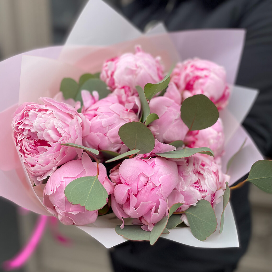 Pink peonies with eucalyptus