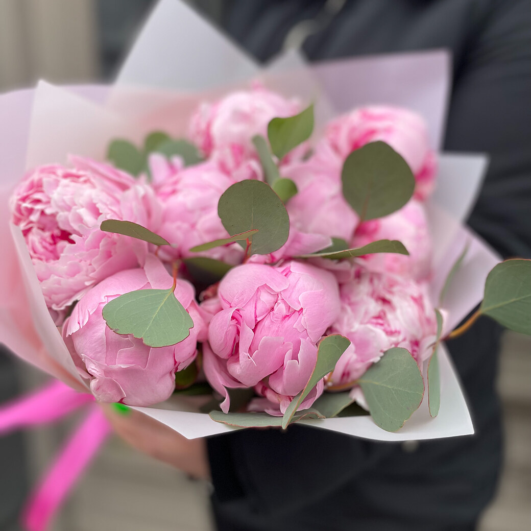 Pink peonies with eucalyptus