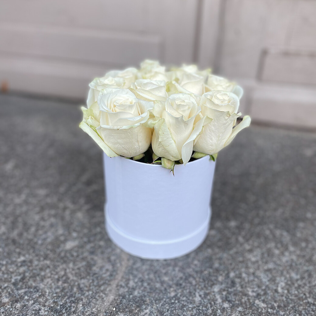 White roses in a round box