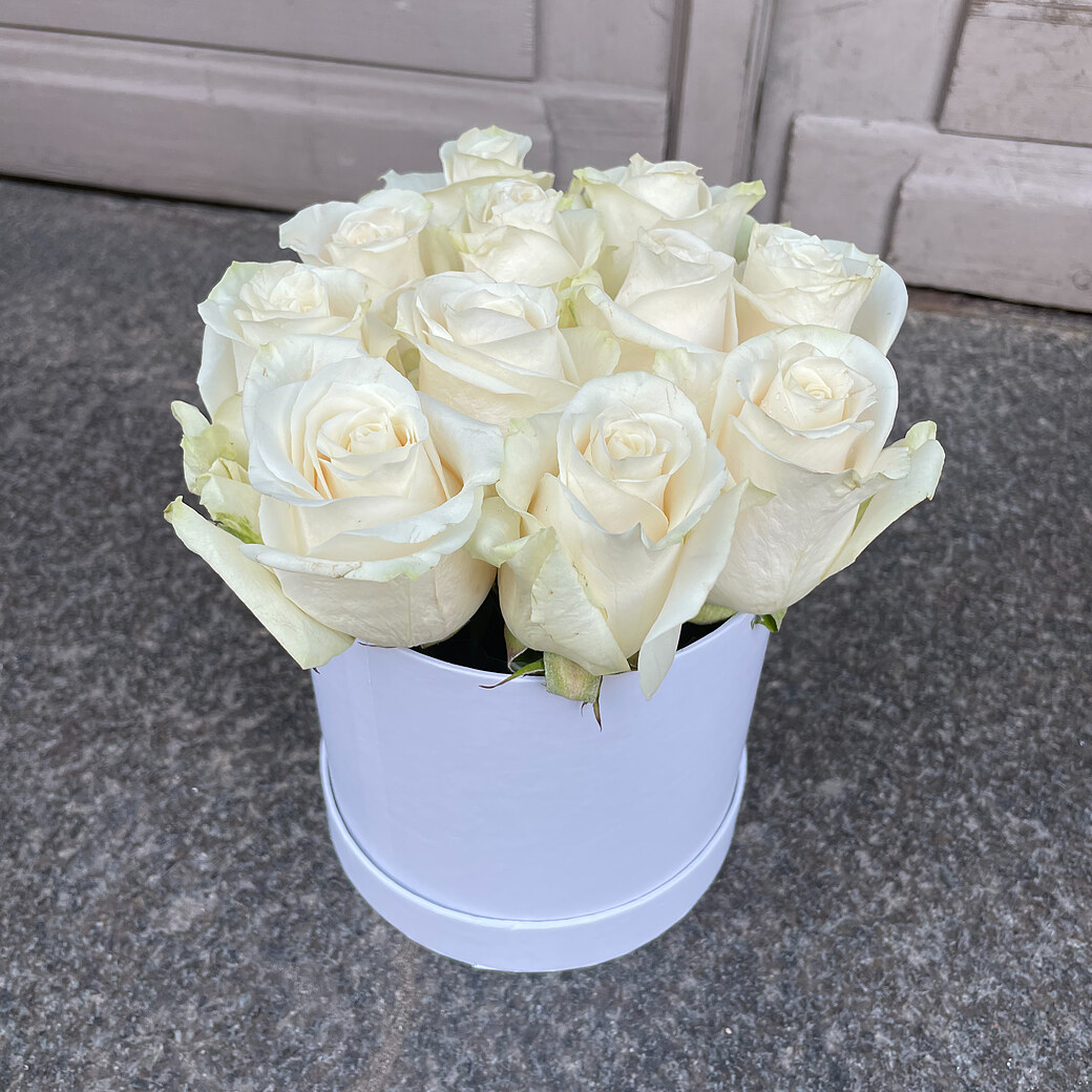 White roses in a round box