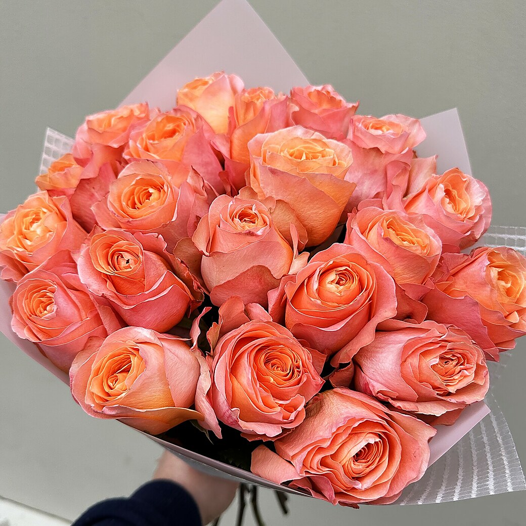 Coral Reef rose bouquet in pale pink decorative wrapping