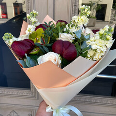 A bouquet of peonies, roses, mathiola