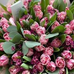 51 pink tulips with wax flower and eucalyptus