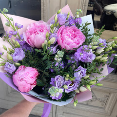 A bouquet of peonies, eustoma, mathiola