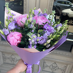 A bouquet of peonies, eustoma, mathiola