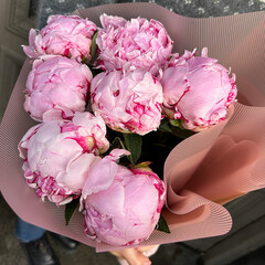 Pink peonies in decorative packaging