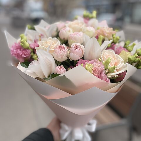 Bouquet Tenderness in decorative wrapping with satin ribbon