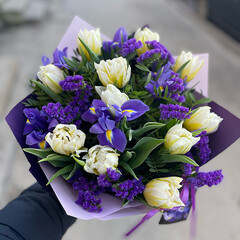White tulips with limonia and irises